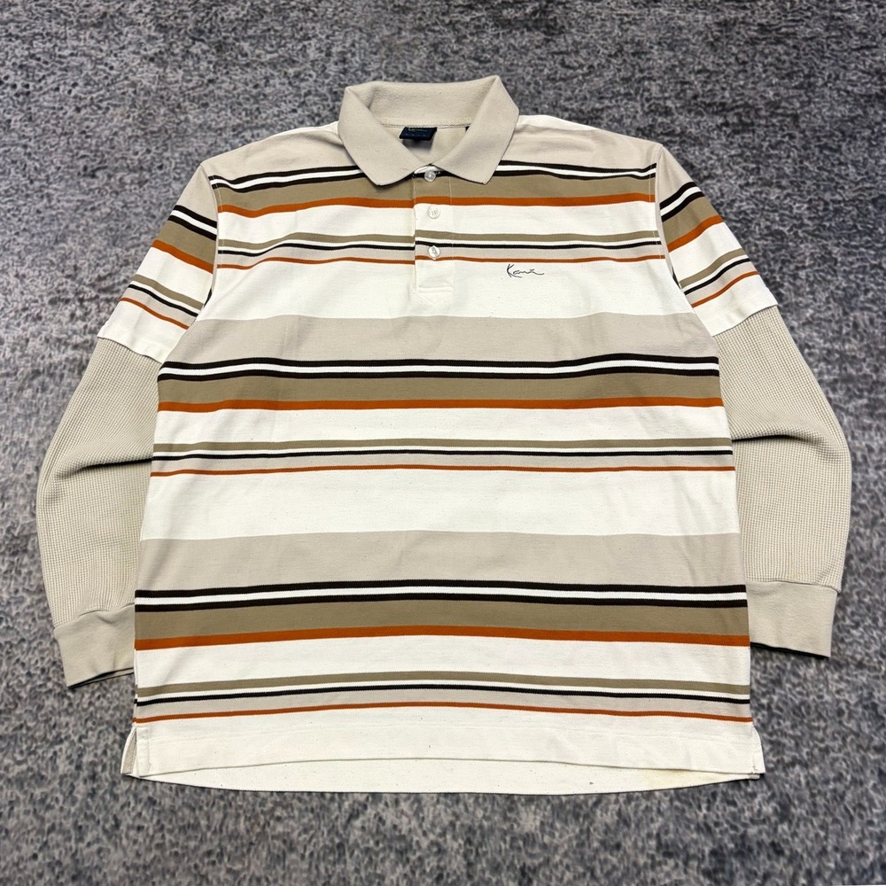 VTG Karl Kani Polo Shirt Thermal Layered Striped Mens XL White Gray Y2K Grunge